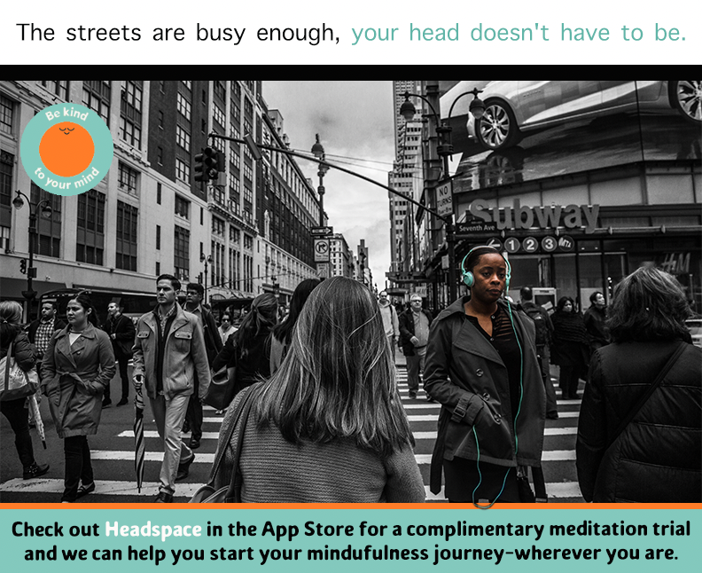 Ad with women wearing headphones promoting headspace mental health app